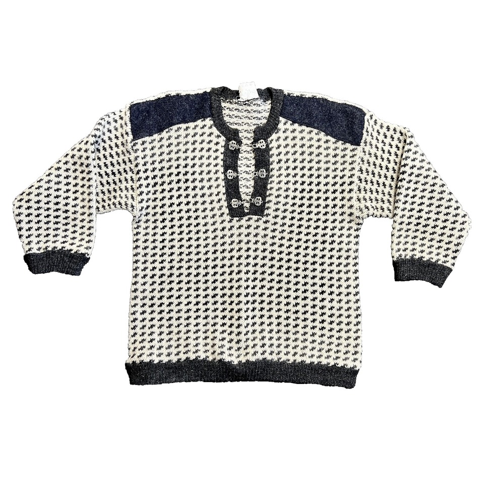 Fjord Knitwear Nordic Fair Isle Wool Sweater Black White Henley‎ Pullover Sz Med